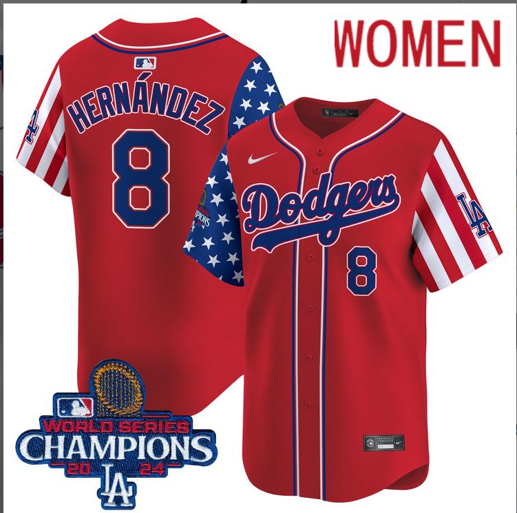 Women MLB Los Angeles Dodgers #8 Hernandez American Style red 2024 World Series Champions  Limited Jersey->women mlb jersey->Women Jersey